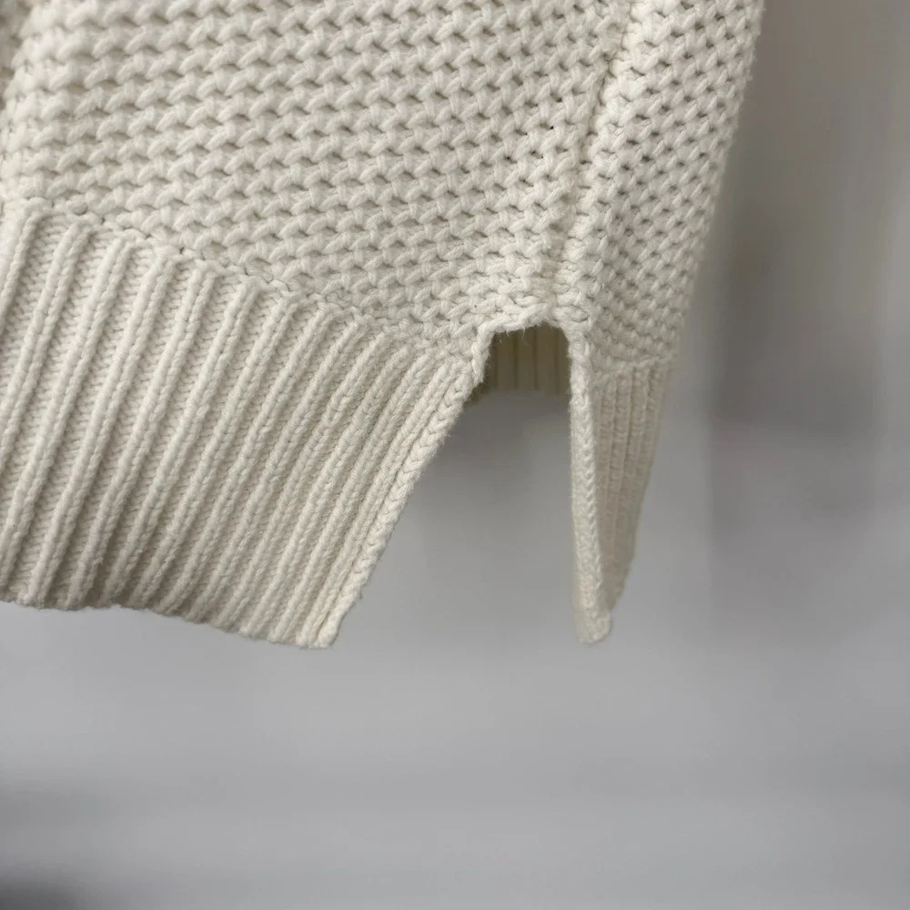 Lauren Ralph Lauren Preppy Sweater White Knit Split Neck Pullover Open Weave LG‎